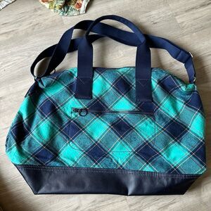 Lands End Weekender Flannel Duffle Bag Blue Green Plaid